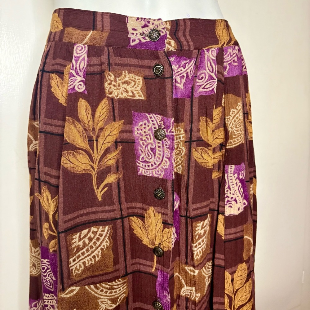 Vintage 90s Sag Harbor Brown Purple Boho Paisley Button Up Rayon Midi Skirt - Picture 2 of 4